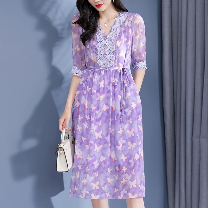 Summer Elegant Dresses for Women 2026 V-neck Half Sleeve Sequins Embroidery 100% Real Silk Butterfly Print Woman Long Dress