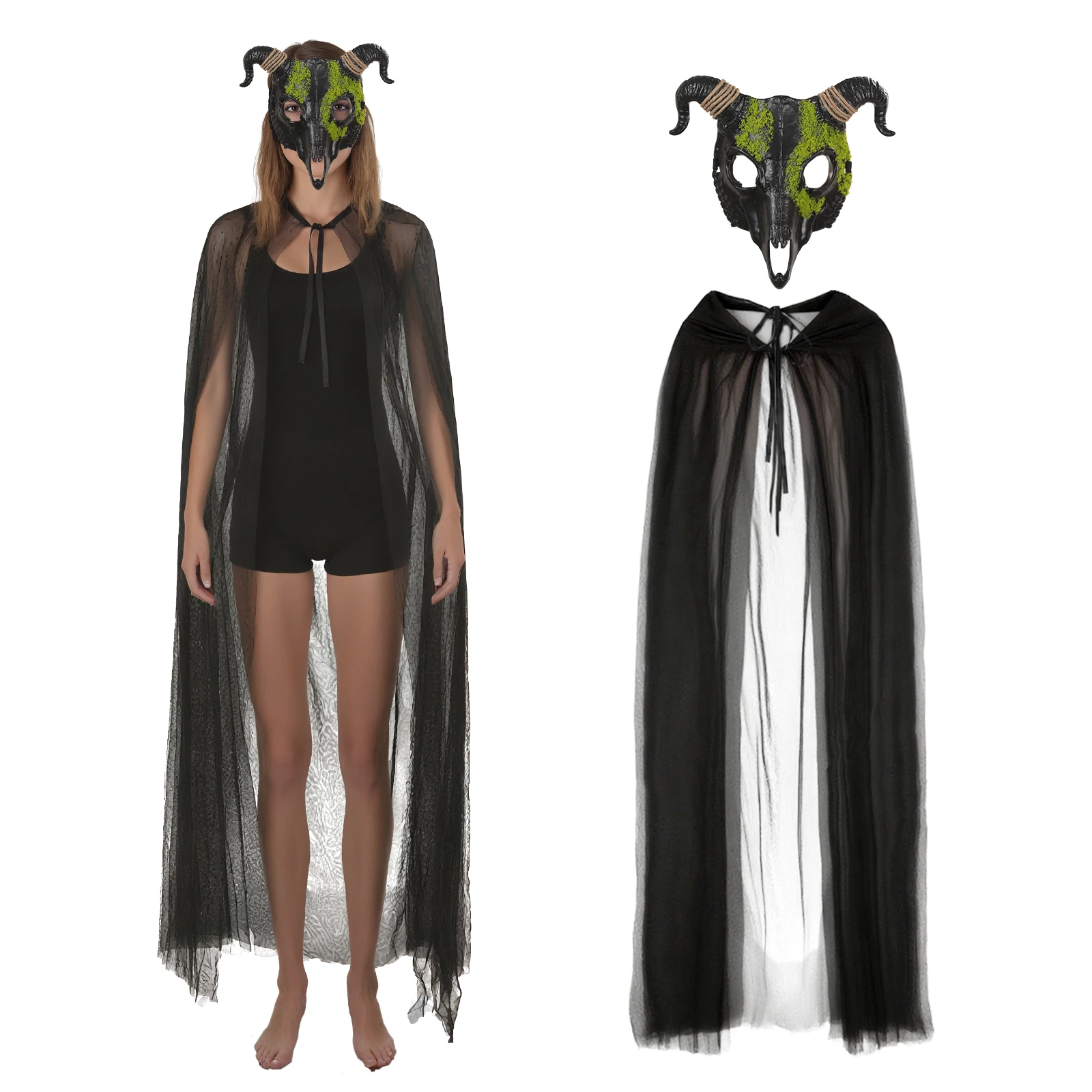 

Black Tulle Cloak with Hood Medieval Hooded Cape with Skull Goat Head Mask Women Long Gothic Halloween Cloak Cosplay Costume