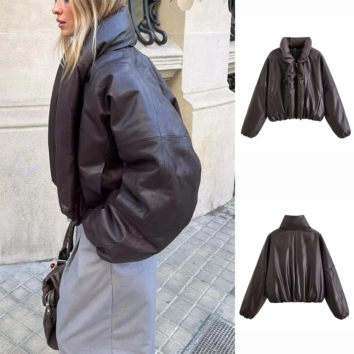 Herbst Winter Lose Fit Lange Sve PU Leder Zipper ort Baumwolle Jaet frauen Casual Sle Großen Kragen Mantel Oberbekleidung