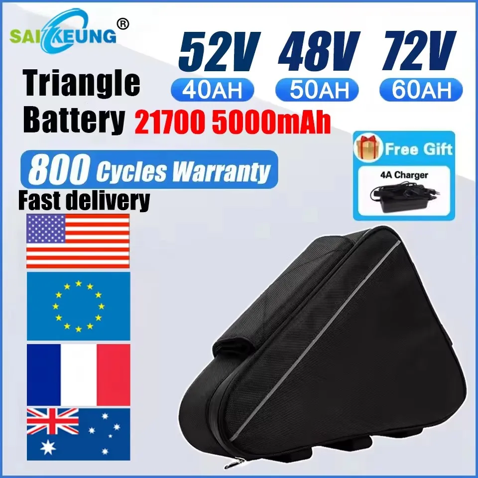 

Electric Bike Triangle 72V 60V 52V 60AH Battery Cham Rider Battery 48v 45ah 50ah 40ah 30 25AH 100A BMS Huge Capacity 2000w 3000W