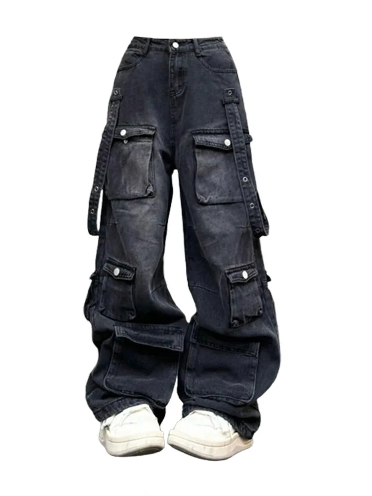 

Japanese Streetwear Black Cargo Pants Fashion Multiple Pockets Wide Jeans Hiphop Straight Casual Long Trousers Vintage Gothic