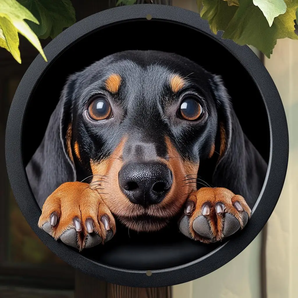 2D Flat, 1pc Vintage Dachshund Dog Metal Wall Art Sign - 8x8 Inch Round Aluminum Home Decor for Kitchen, Bar, Living Room, Offic