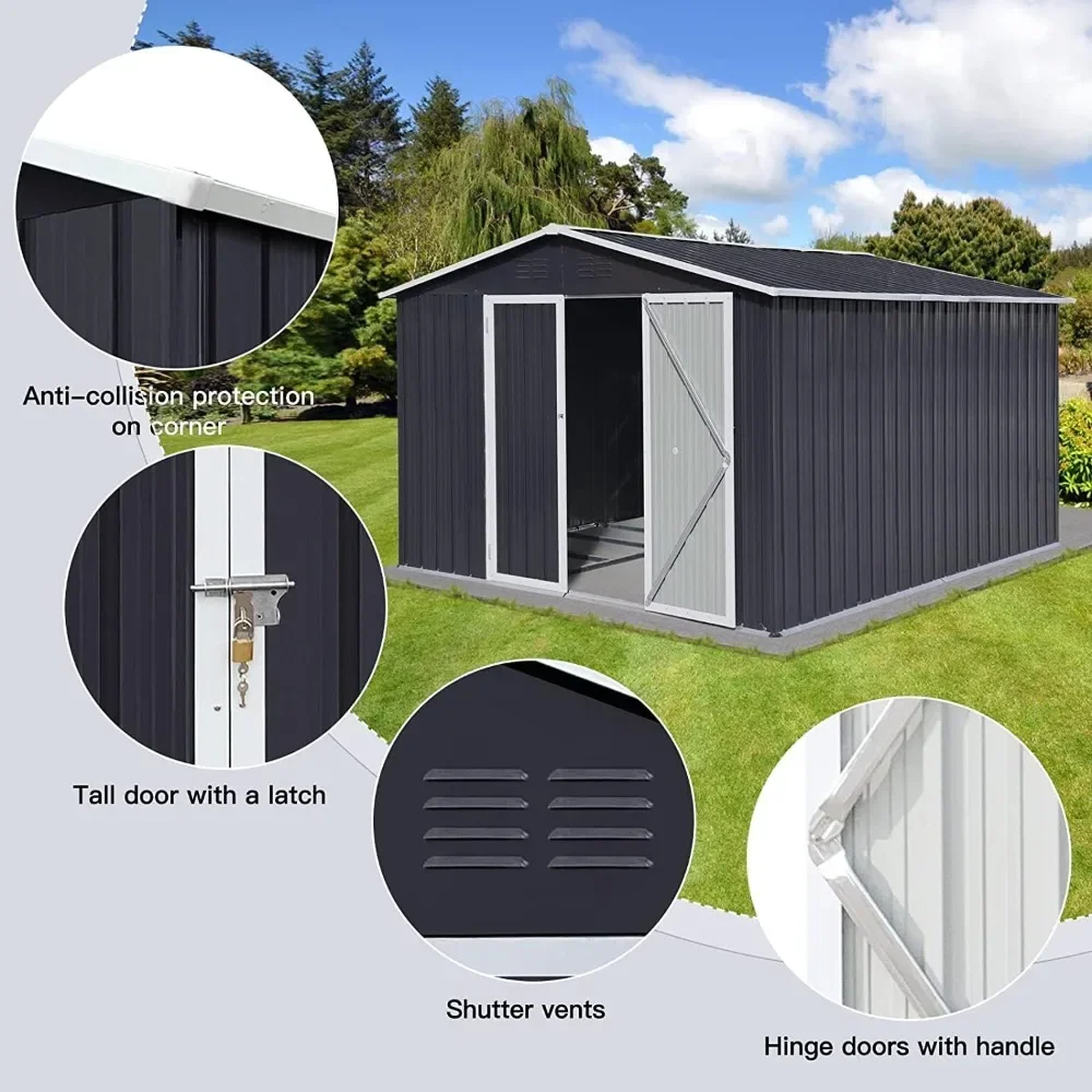 10x8 FT Outdoor Storage Shed, Galvanized Steel Metal Garden Sheds Kit with Double Lockable Door, Oversized Tool Sheds