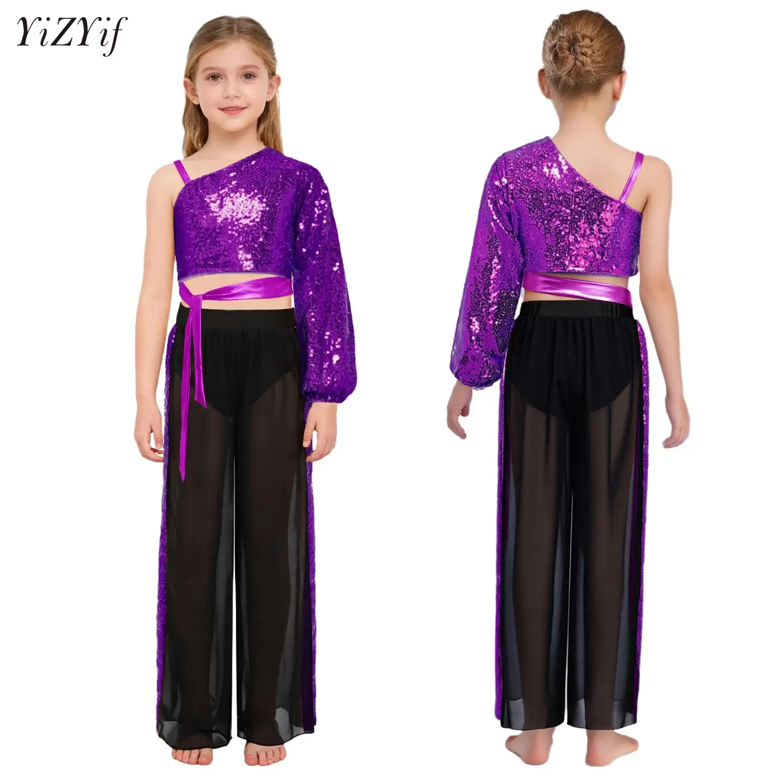

Girls Sequins Ballet Dancewear Modern Lyrical Dance Set Self-Tie Crop Top with See-Through Contemporary Chiffon Wide-Leg Pants