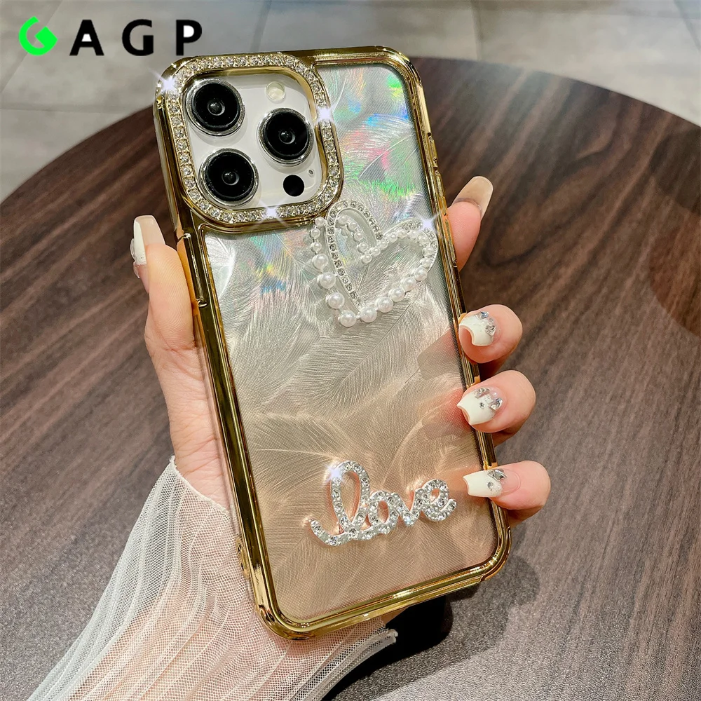 Luxury Pearl Love Diamond Camera Glitter Case For iPhone 12 14 13 15 11 Pro Max Gradient Feather Plating 14pro 15ProMax Cover