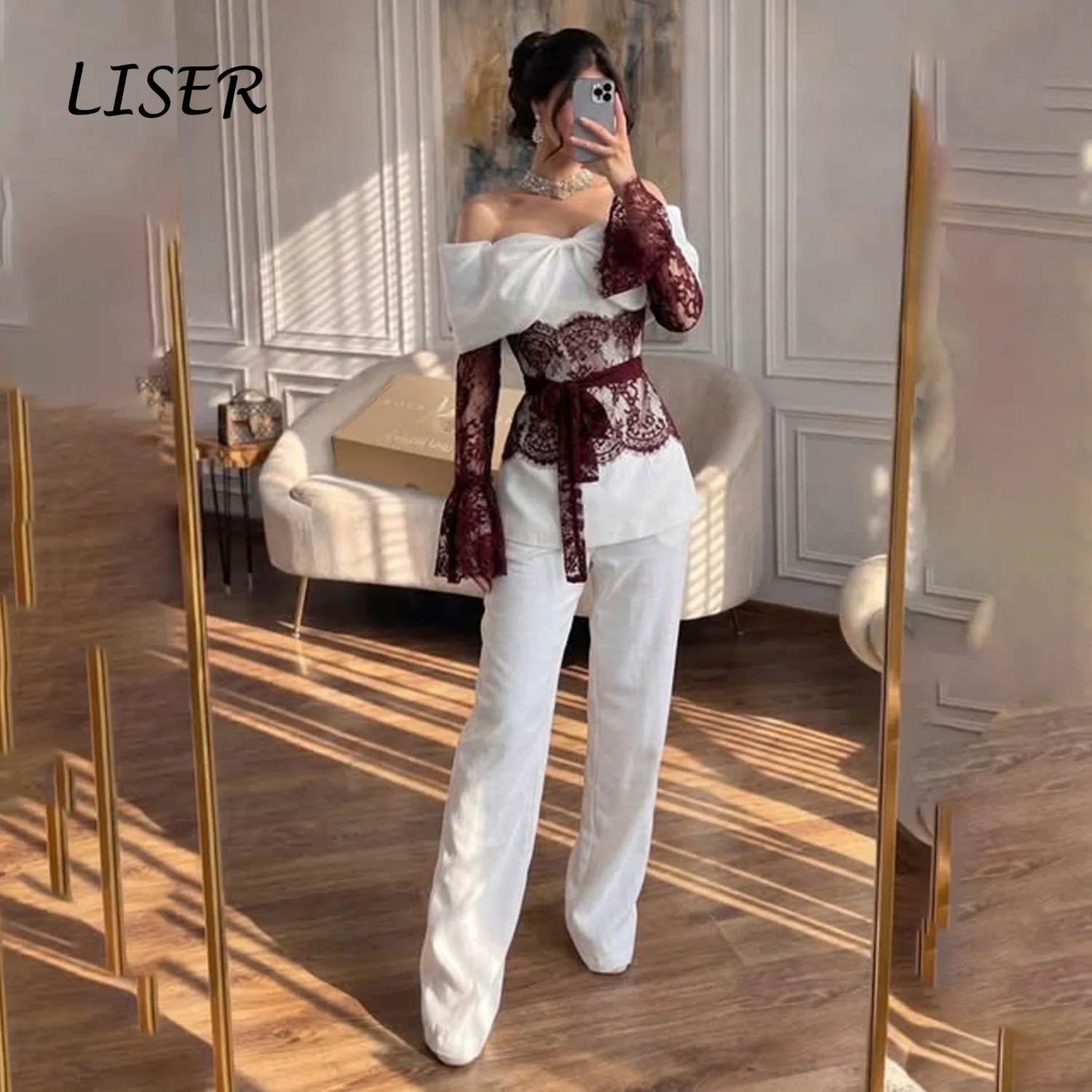 LISER Customized Burgundy Lace Patch Off Shoulder Two Piece Outfit Flare Long Pants Satin Bow Waist Wedding Party Jumpsuit 2026