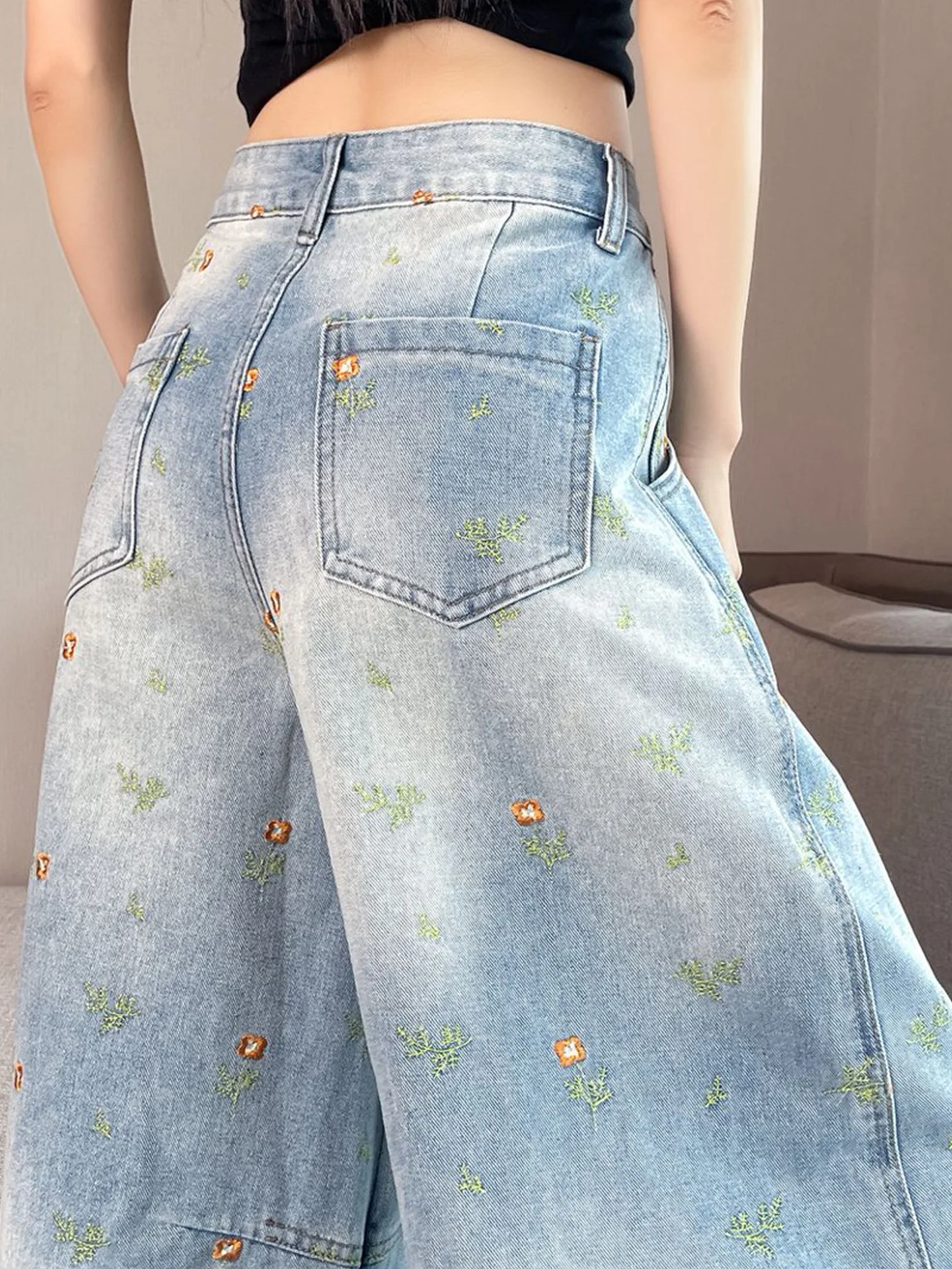 

Retro High Waist Wide Leg Casual Jeans Women's Summer Slimming Loose Fit Denim Pants Knife Embroidered Washed Cotton Blend