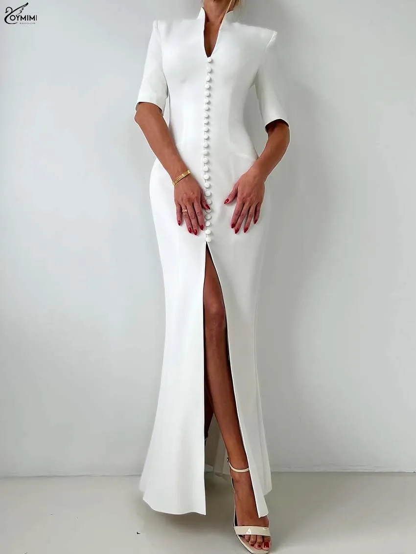 

Oymimi Fashion White V-Neck Dresses 2025 Woman Elegant Short Sleeve Single Breasted Dresses Autumn Straight Ankle-Length Dress