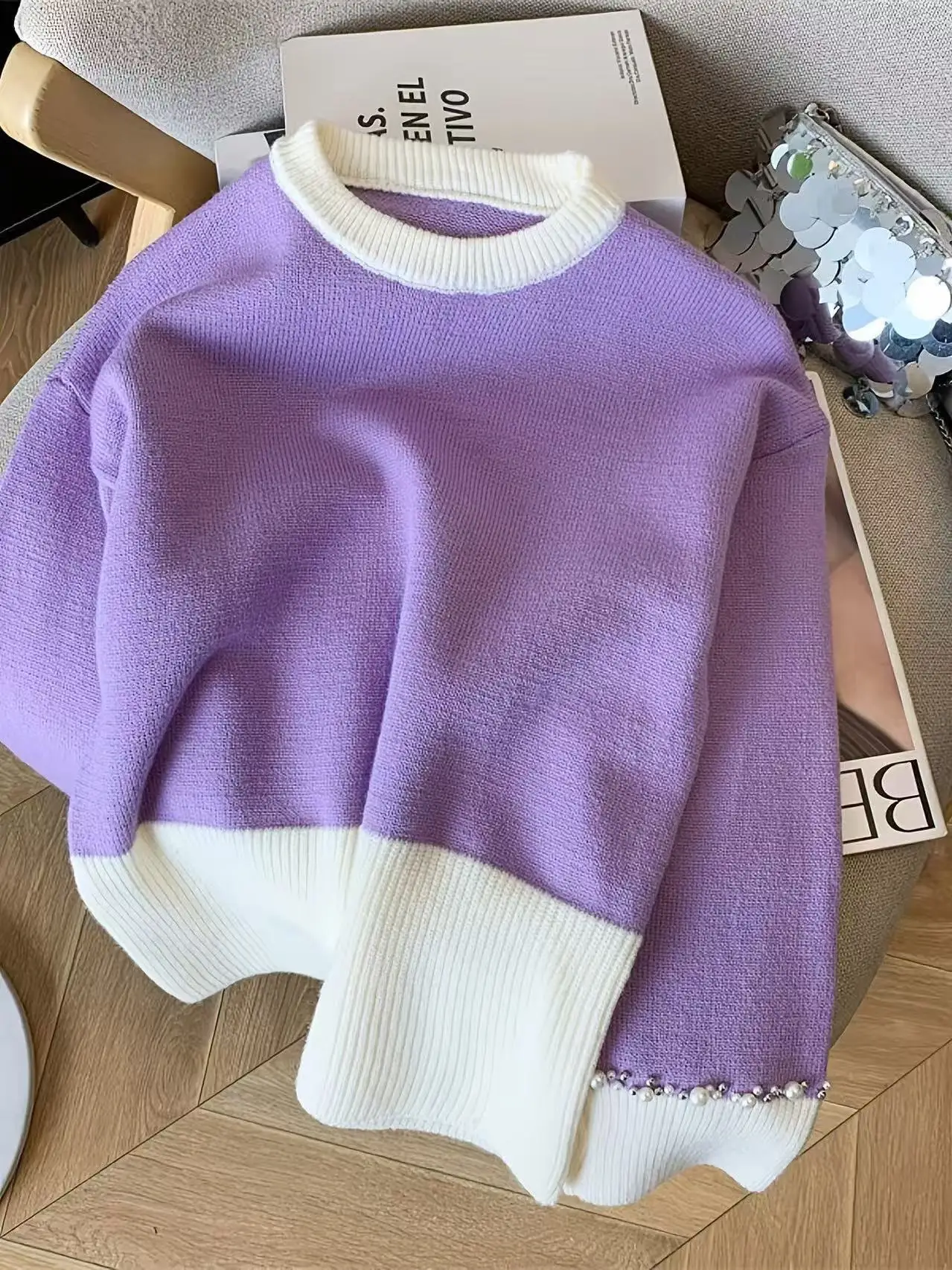 

Pearl Beading Women's Sweater Pullover 2025 Autumn Cashmere Loose Ladies Tops Color Block Long Sleeve O-neck Jumpers C77