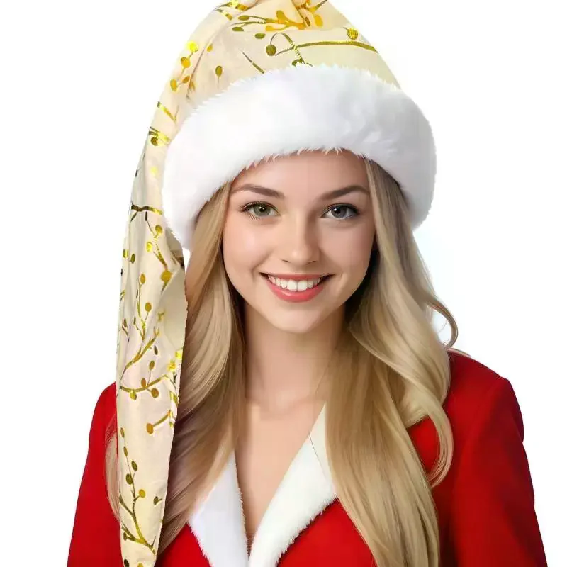 Topi Natal Bermotif Bulu Halus dengan Trim Bulu Panjang, Topi Dekoratif Natal, Dekorasi Meriah