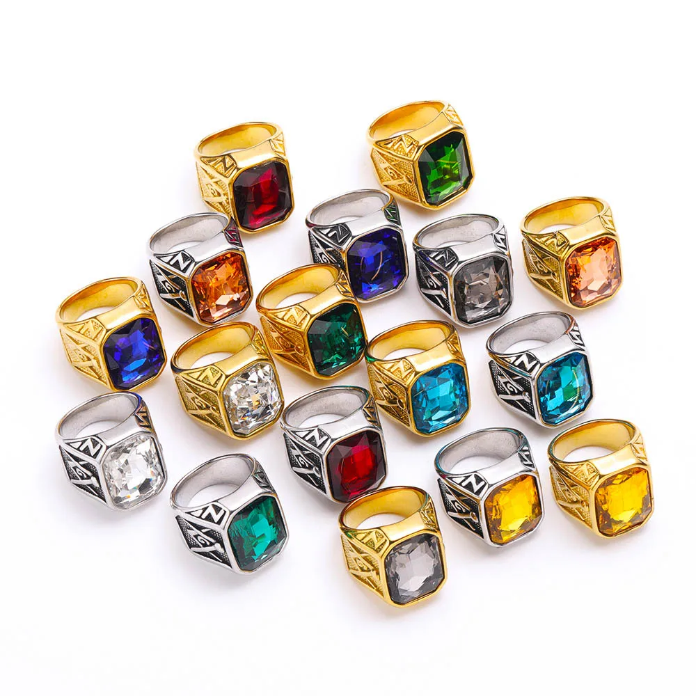 Punk Creative Multi Colored Stone Ring for Men Women Party Vintage Stainless Steel Masonic Letter G Ring Jewelry Gift Wholesale