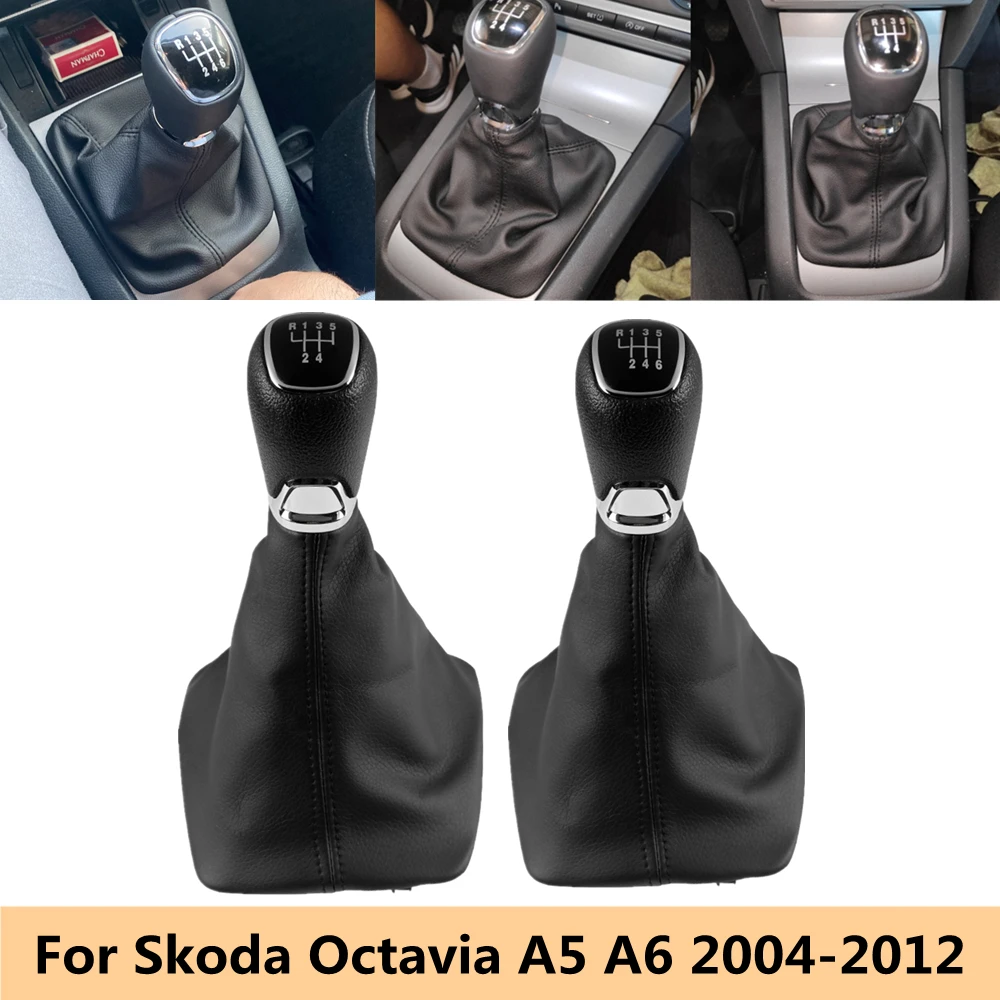 Chrome Leather Car Gear Shift Knob Lever Gaitor Boot Cover For Skoda Octavia A5 A6 2004 2005 2006 2007 2008 2009 2010 2011 2012