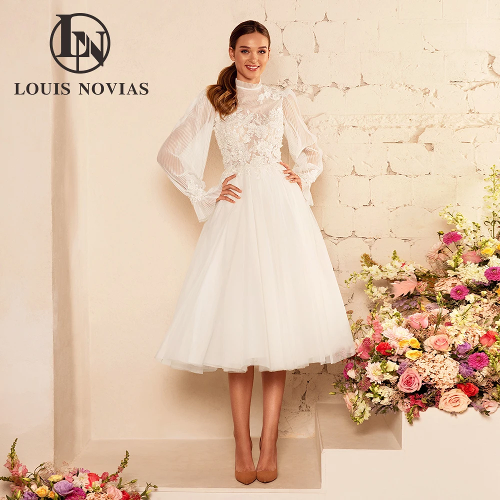 LOUIS NOVIAS A-Line Wedding Dresses Sexy Luxury Illusion O-Neck Puff Sleeve Bride Appliques A-Line Bridal Gown Vestidos De Novia