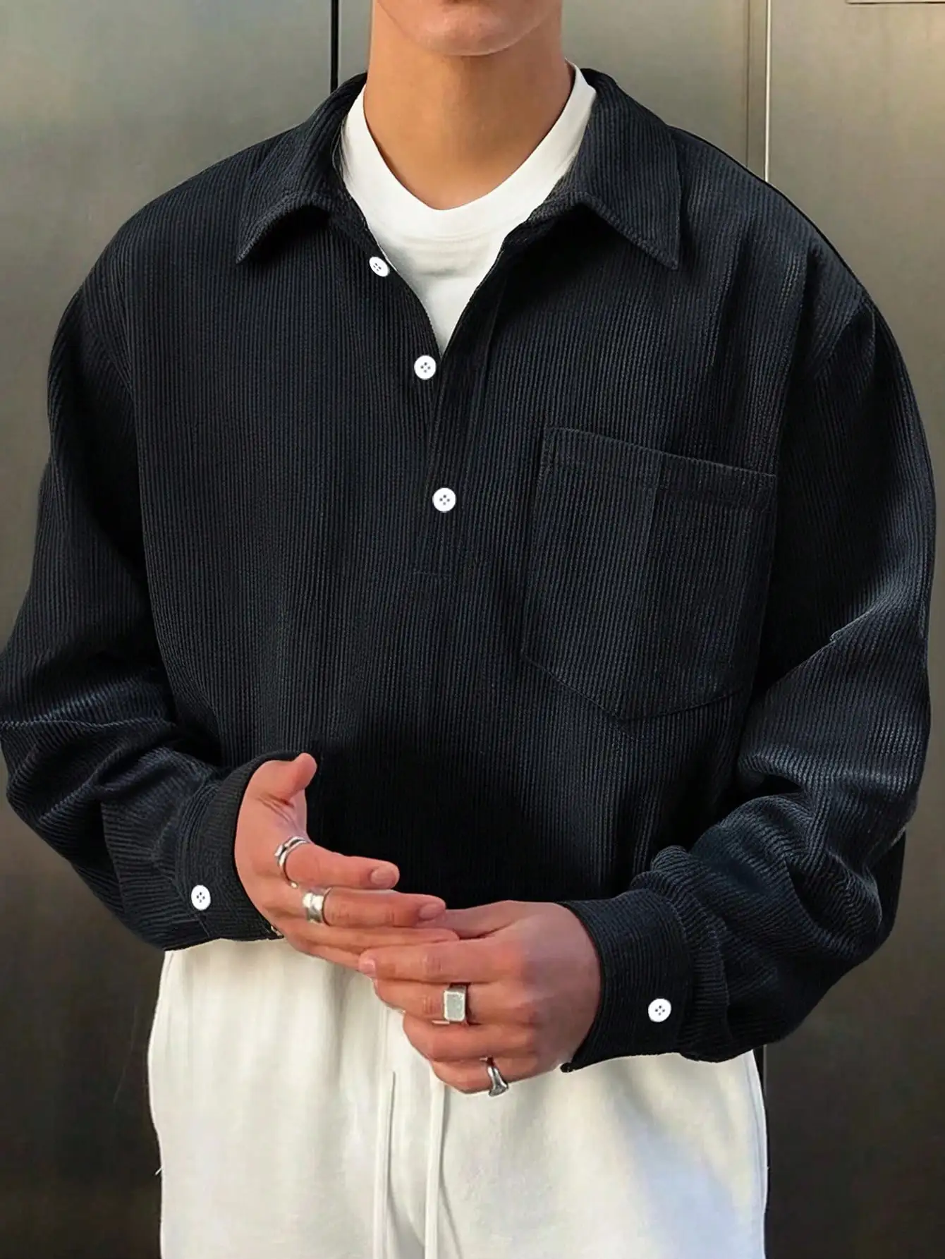 

Men's Black Corduroy Long Sleeve Button-Up Shirt, Loose Fit Casual Top for Spring Autumn Winter