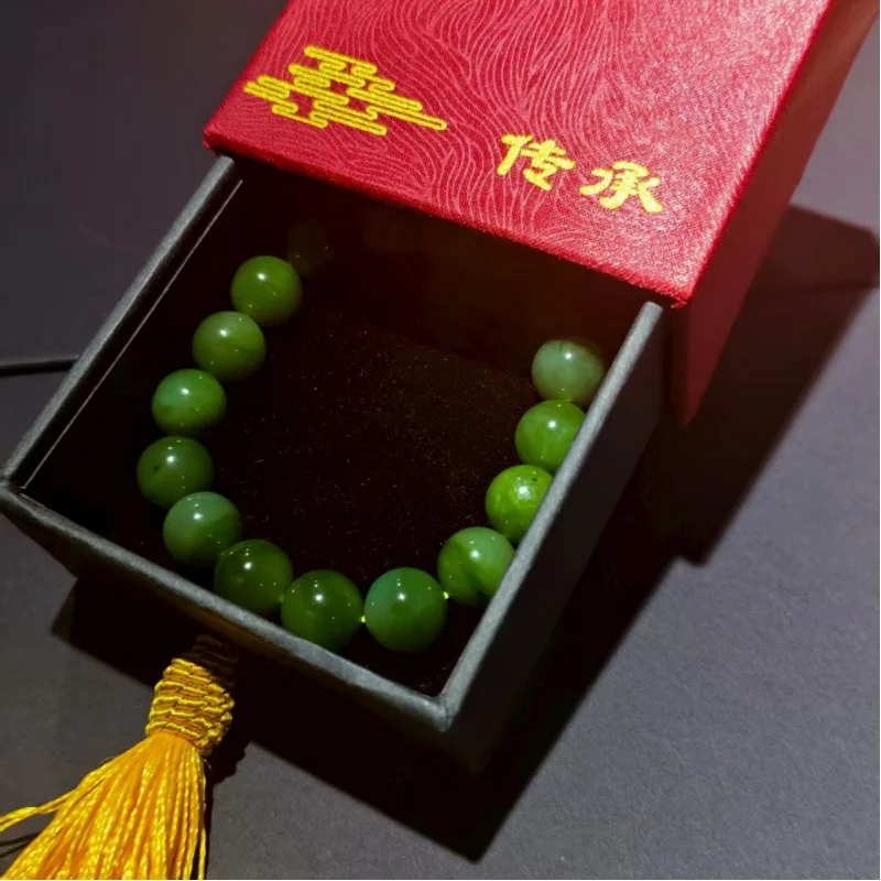 

, old material round beads 12mm, bright , , spinach green Hetian jade bracelet