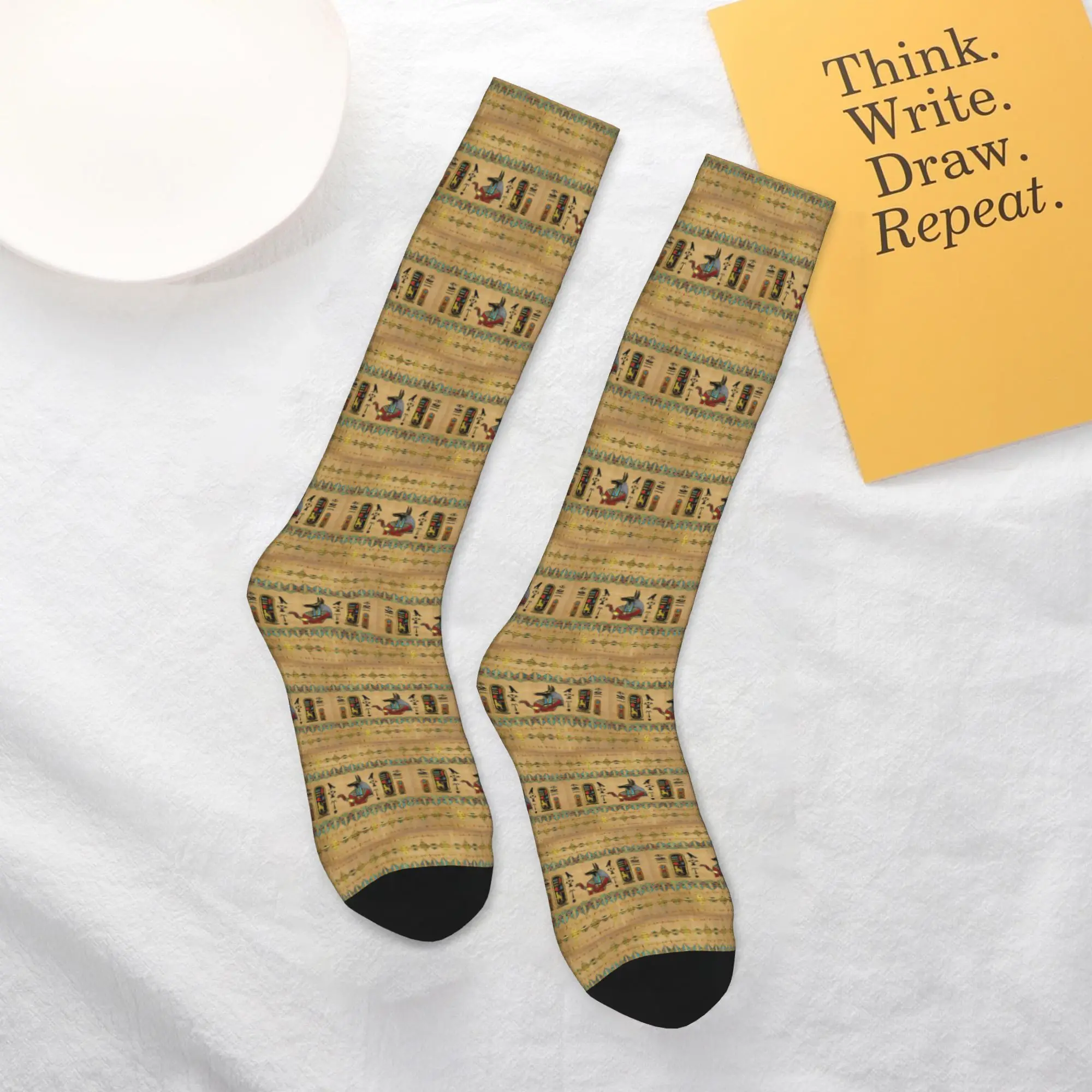All Seasons Crew Stockings Egyptian Anubis Ornament on papyrus Socks Harajuku Casual  Long Socks Accessories for Men Women Gifts