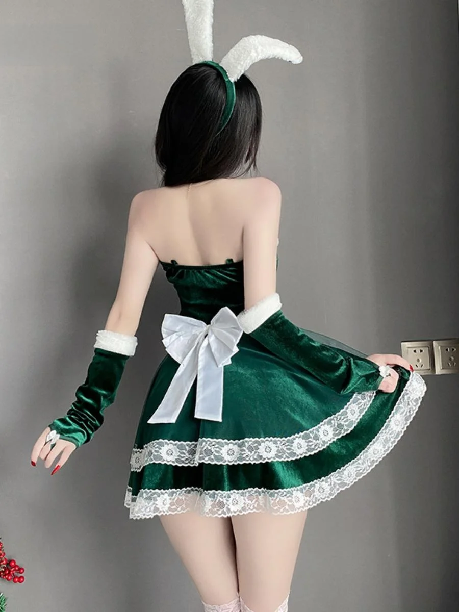 فستان تنكري نسائي من القطيفة على شكل أرنب لعيد الميلاد والهالوين، زي مسرحي، ملابس نسائية عرقية، تونيك شتوي 2024 من البوليستر