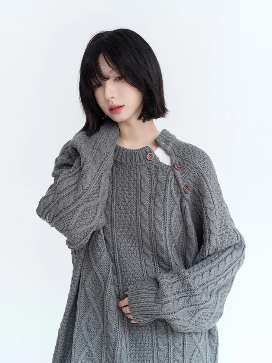 

Autumn Winter Loose Knitted Sweater Women's Overhead Design Sense Side Buttoned Twisted Patterned Knitwear Casual Sle