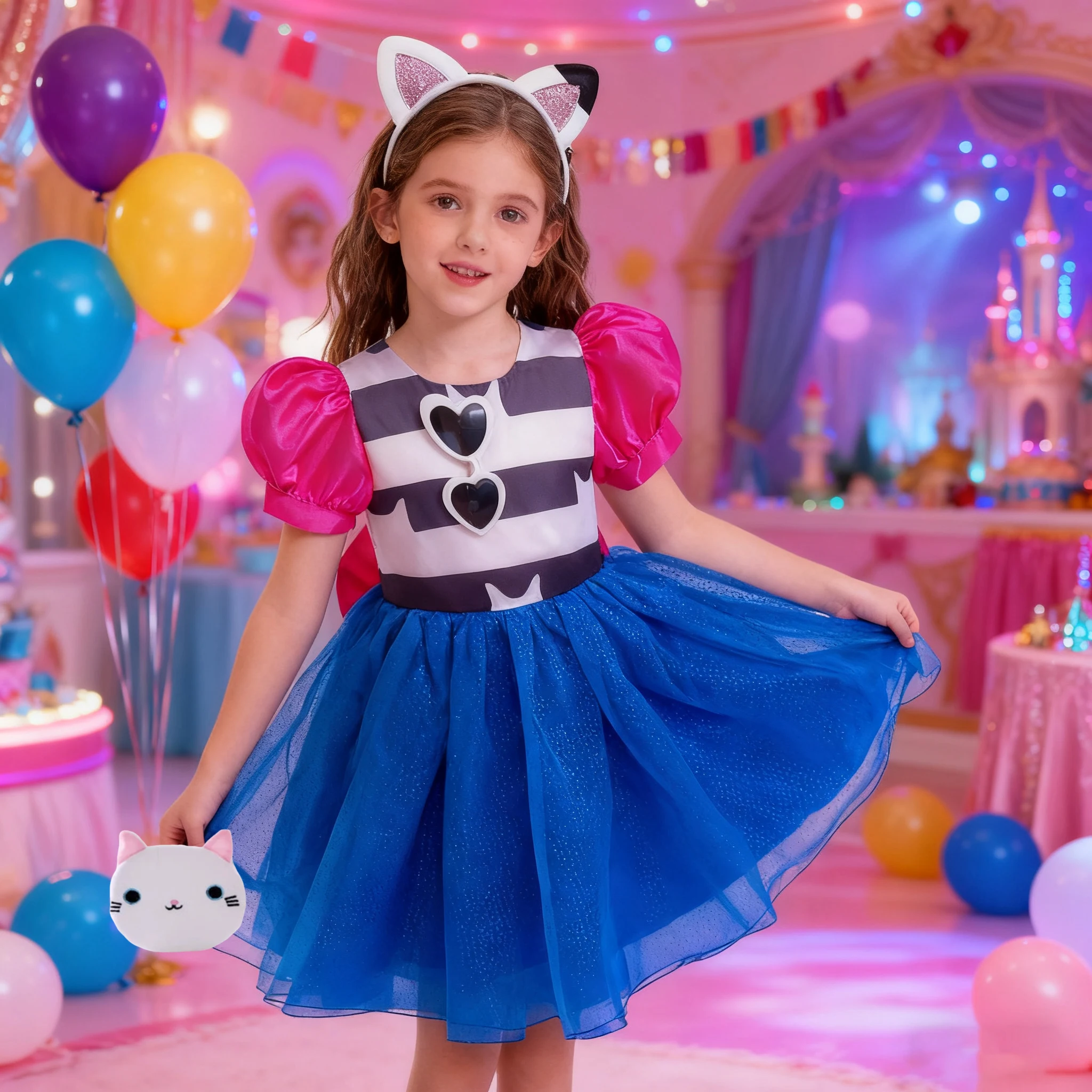 Kinder-Cartoon-Prinzessinnenkleid und Accessoires, Mädchenkleid mit Puffärmeln und Tüllrock für Karneval, Geburtstag, Verkleidung, 3, 4, 5, 6, 8 Jahre