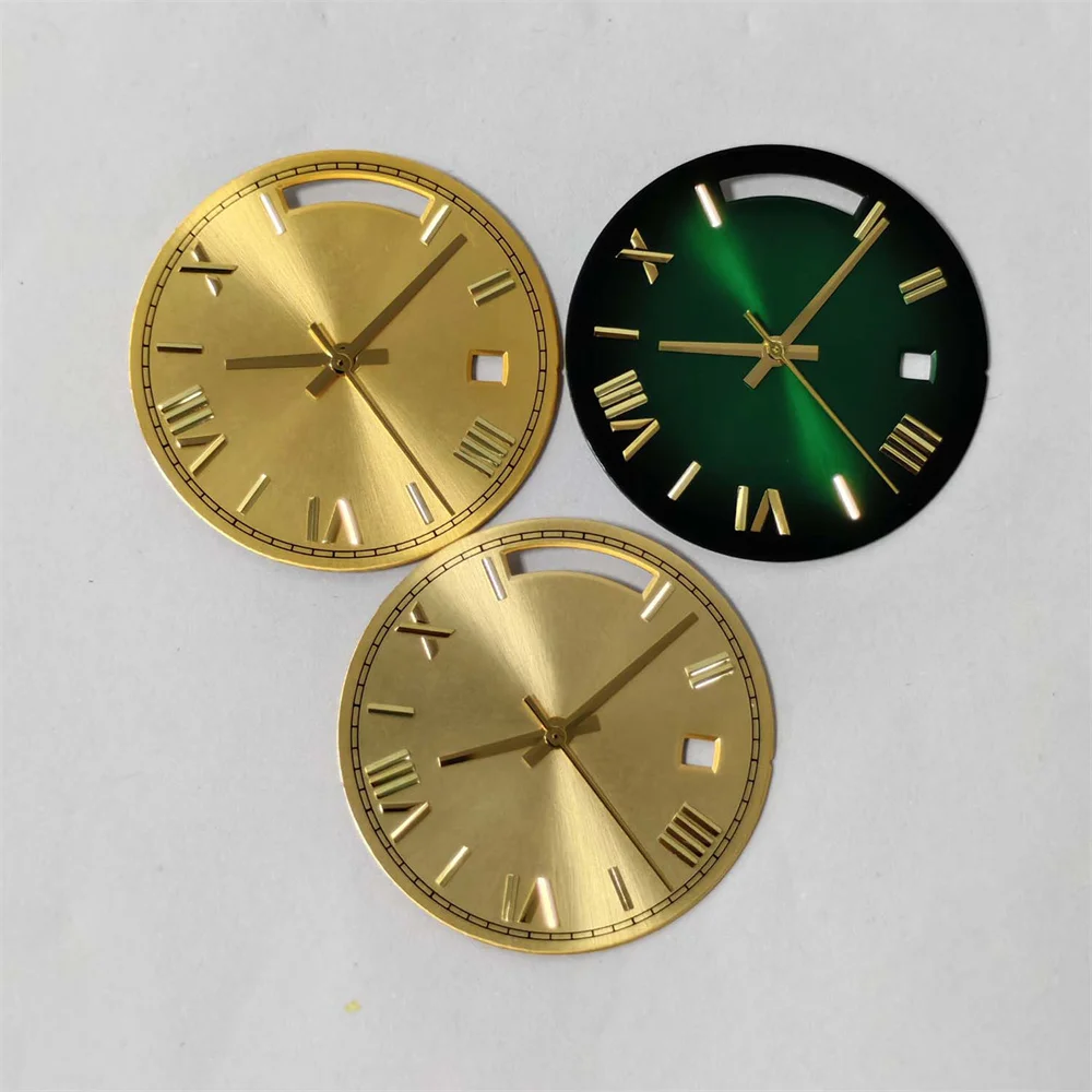 

30.8MM Dual Calendar Sun-Pattern Watch Dial Golden Roman Numberal Hour Markings + Baton Hands Watch Parts for 8285 Movement