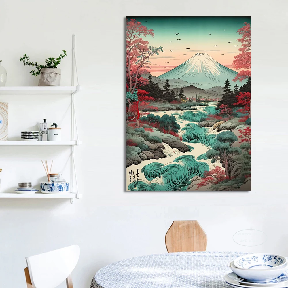 Vintage Japan Landscape Cherry Blossom Fuji Mountain Canvas Painting Posters Print Wall Art  Home Decoration Room Picture Mural