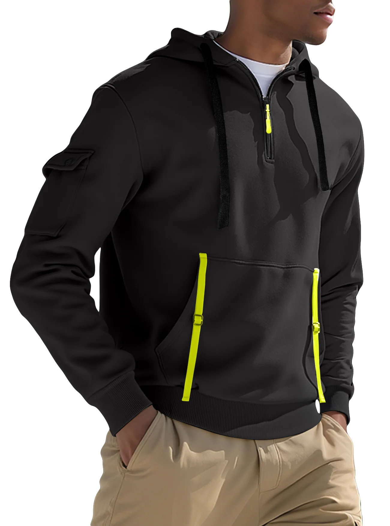 New Men's Autumn Winter Fleece Lined Casual Hoodie Plus Sizes Fashion Zipper Multi-Pocket Pullover Sweatshirt Warm Men's Top