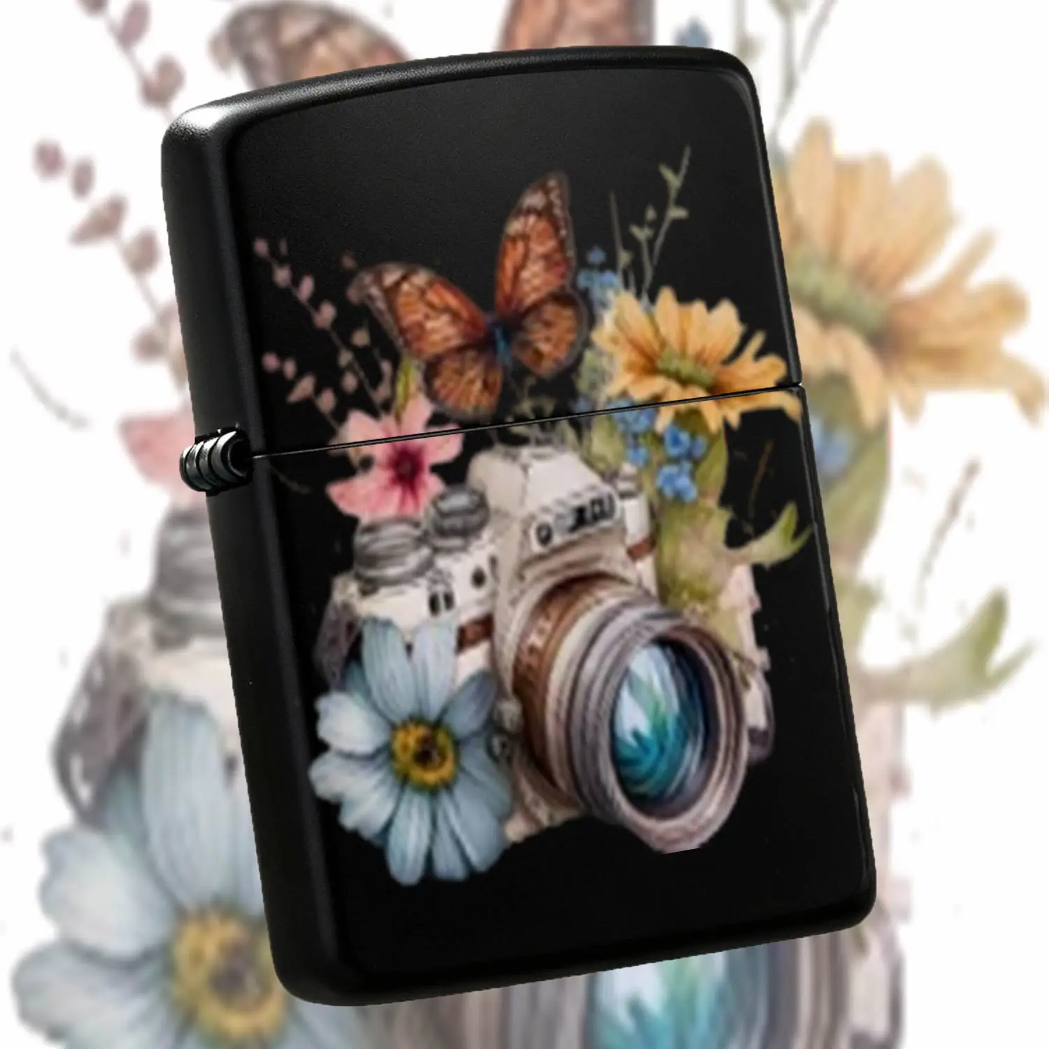 Vintage Watercolor Camera Floraldecorative Lighter, Portable Delicate Aesthetic Ignition Accessory For Camping Dating Daily Use, Creative Exquisite Thoughtful Gift For Friends Family Art Lovers A Humorous And Interesting Lighter