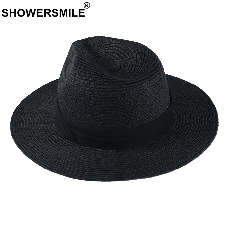 SHOWERSMILE Panama Hat Men Classic Straw Jazz Hat Women Beige Outdoor Casual Hawaiian Ribbon Sun Protection Summer Hat Unisex