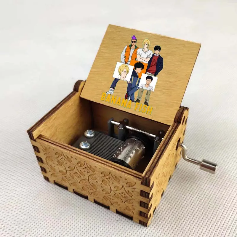 Newest design anime Banana Fish Vintage Mechanical Wooden Crank Music Box Wood Crafts Kids toy new year gift Birthday Gifts