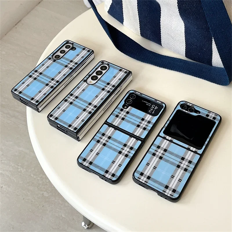 

Blue checkered pattern Phone Case for Samsung Galaxy Z Flip 3 4 5 6 Z Fold 4 5 6 Hard PC Back Cover for ZFlip6 ZFold6 Case Shell