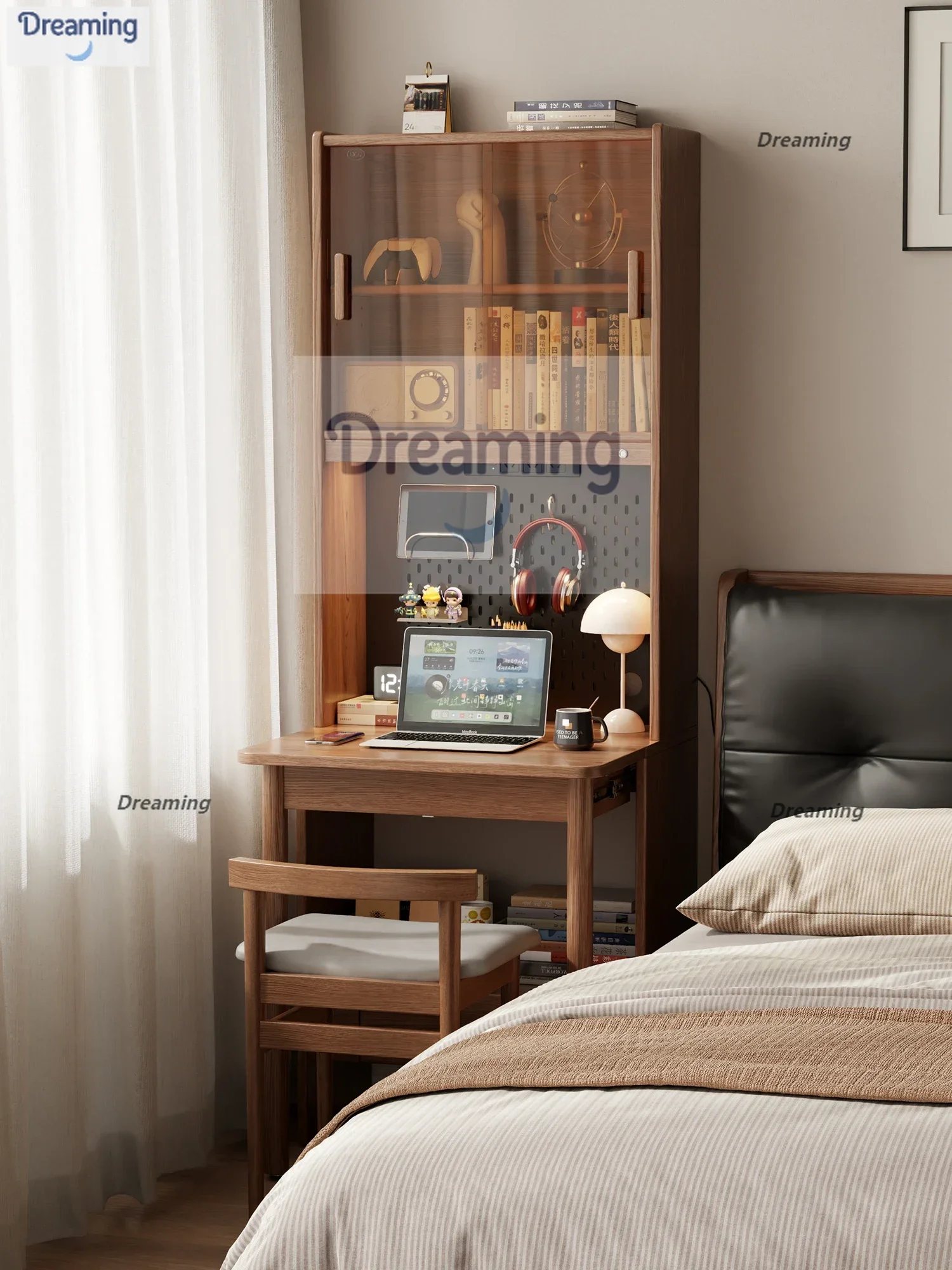 

Solid wood desk bookshelf integrated against the wall bookcase foldable narrow table small apartment bedroom bedside desk