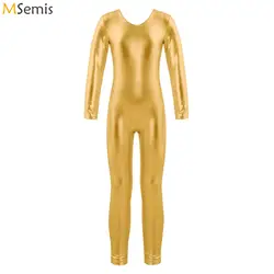 Kids Girls Shiny Metallic Full Body Suit Catsuit One Piece Long Sleeve Unitard Jumpsuit for Dance Gymnastics Workout Team Sport