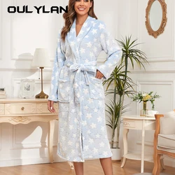 Oulylan Winter Warm Womens Flannel Robes Casual Long Sleeves Kimono Hoodies Nightwear Leisure Soft Flannel Belted Bathrobe