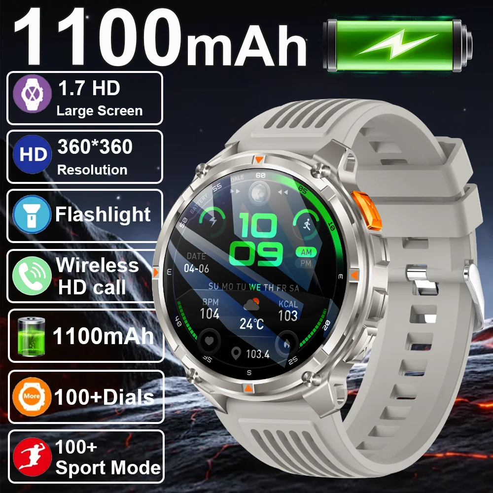 

2025 уличные умные часы 1,7 дюйма AMOLED фонарик 1100 мАч большой аккумулятор 3ATM водонепроницаемый голосовой вызов спортивный мужской фитнес-браслет
