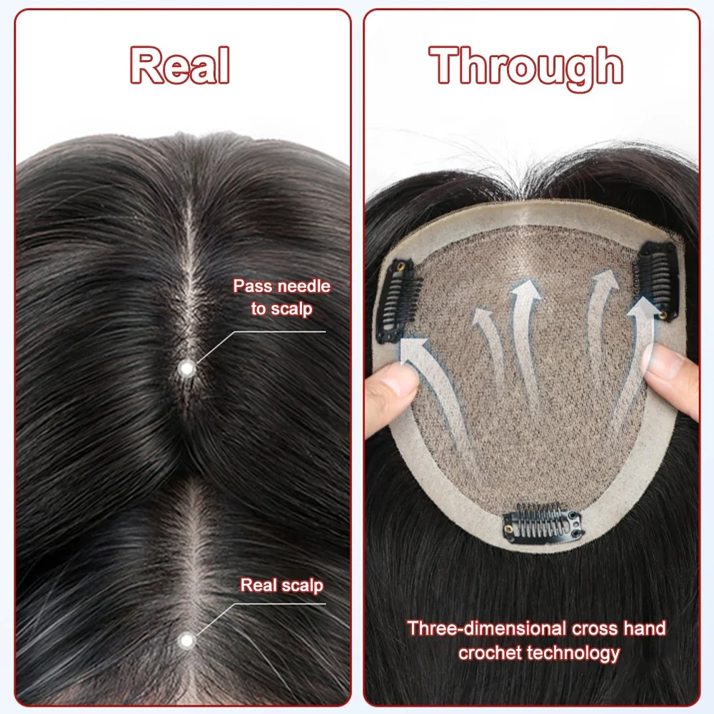 Human Hair Toppers For Women, 100% Remy Topper With Bangs, 150% Density Silk Base Clip In Topper,Natural Color Clip on Bangs