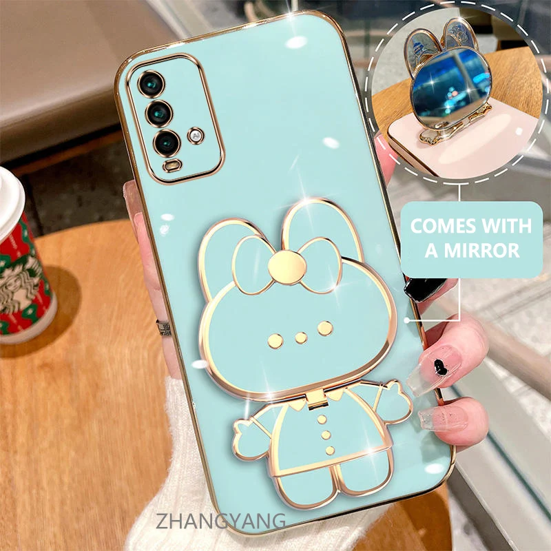 Case For Redmi 9T Electroplated straight edge silicone phone case cute 3D rabbit with built-in mirror for anti drop