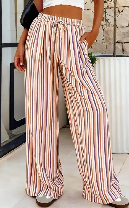 

2026 Women's Loose and Versatile Elastic Color Blocked Striped Wide Leg Pants Long Pants