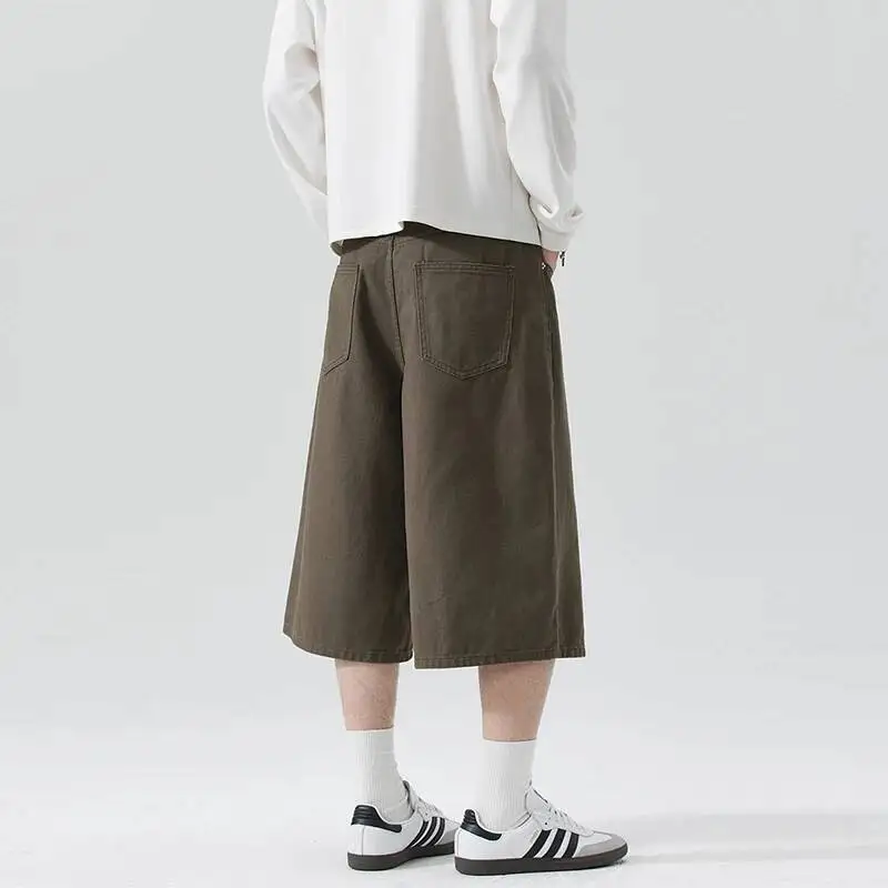 Summer New Men's Cropped Shorts Minimalist American Casual Wide Leg Pants High End Cotton Twill Soft Basic Bottoms 9XP71O