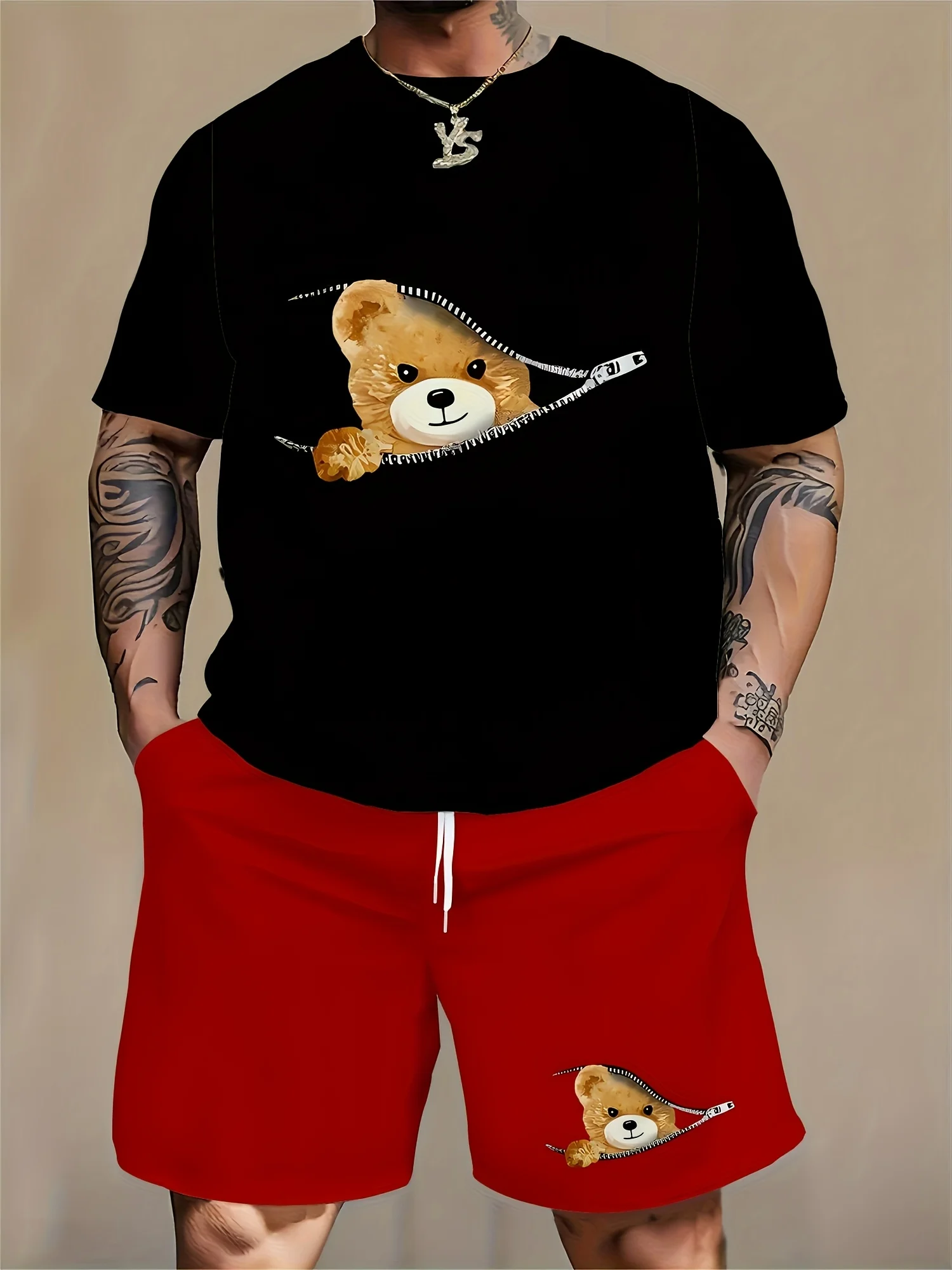 

Large men's casual sports suit, zipper cute brown bear print, 3D technology, trendy street style