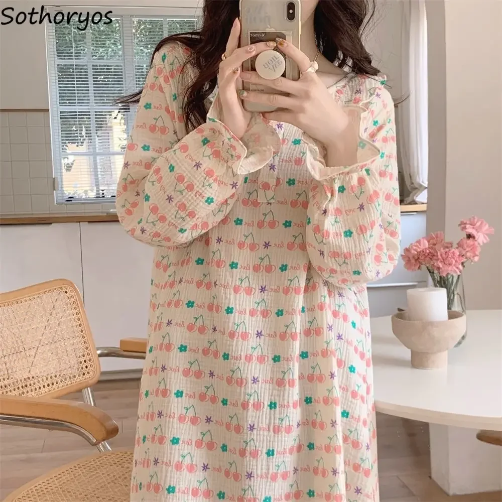 Floral Long Sleeve Nightgowns Women Cherry Printed O-neck Kawaii Students Homewear Nightdress Autumn Newest Midi Ruffles Chic