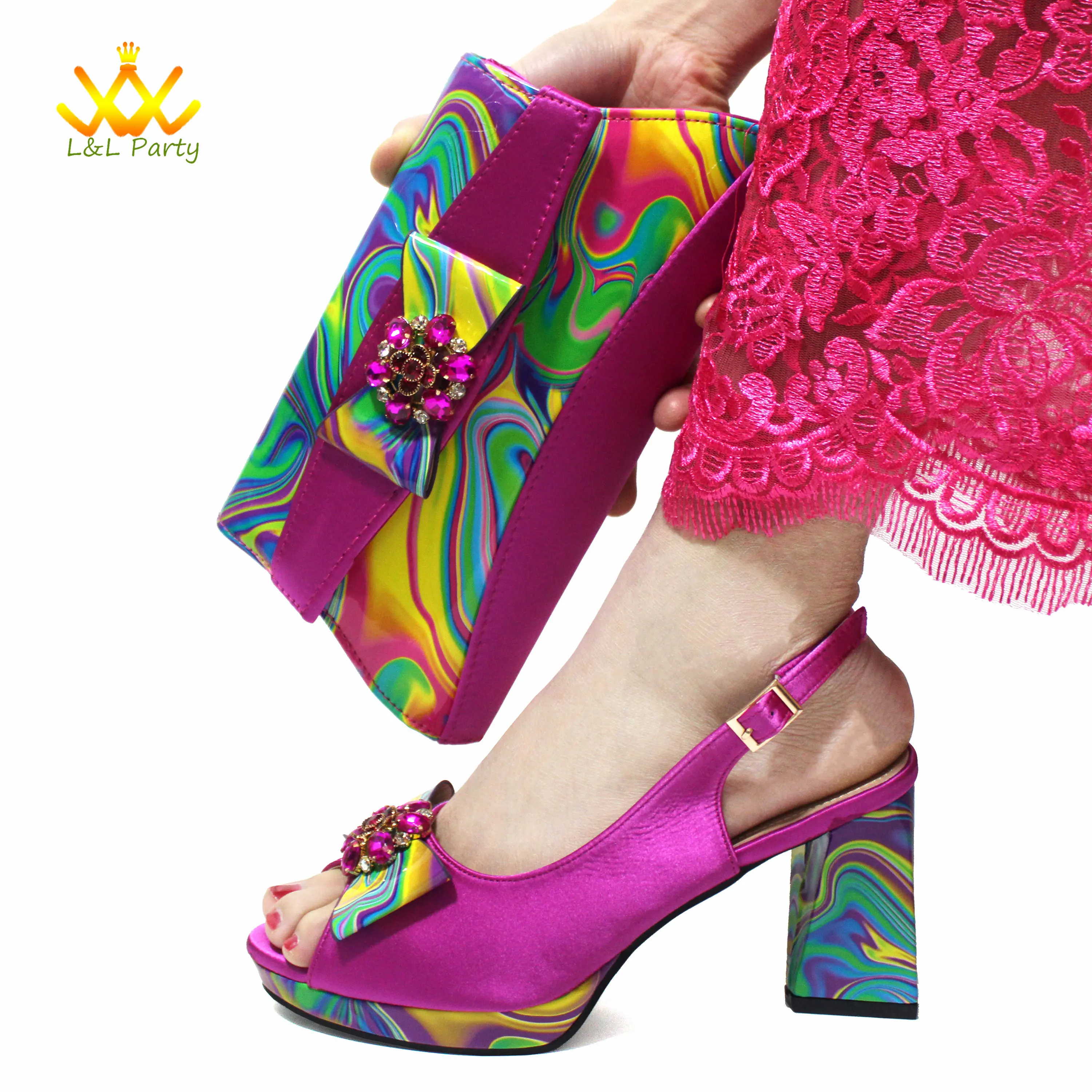 2024 New Design Italian Women Shoes and Bag to Match in Super High Heels in Magenta African Ladies Sandals for Wedding Party