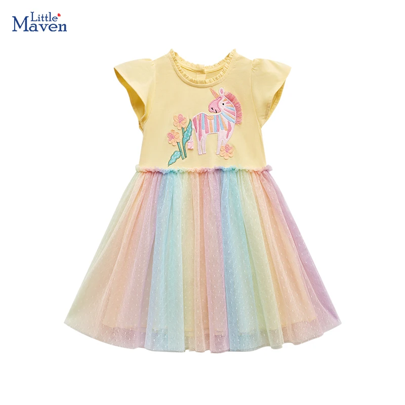 Little maven 2024 New Summer Princess Clothing for Girls Cotton Kids Clothes Cartoon Embroidery Unicorn Rainbow Mesh Dresses