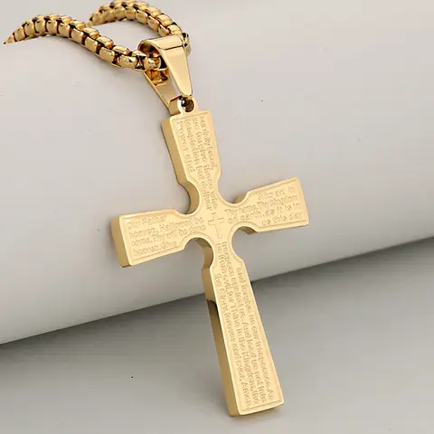 Men s and Women s Simple Versatile Stainless Steel Gold Plated Scripture Cross Pendant with Necklace Set