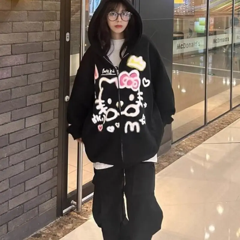 

Sanrio Pure Cotton Cardigan Hello Kitty Heavy Cute Coat Cartoon Zipper Loose Versatile Lazy Style Fashion Hooded Sweatshirt Hot