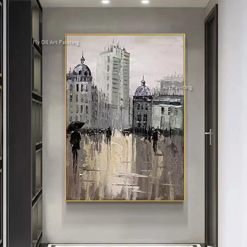 Handmade Original City Rainy View Oil Painting Canvas Large Wall Art Abstract Lonely Cityscape Art Modern Pictures Living Room
