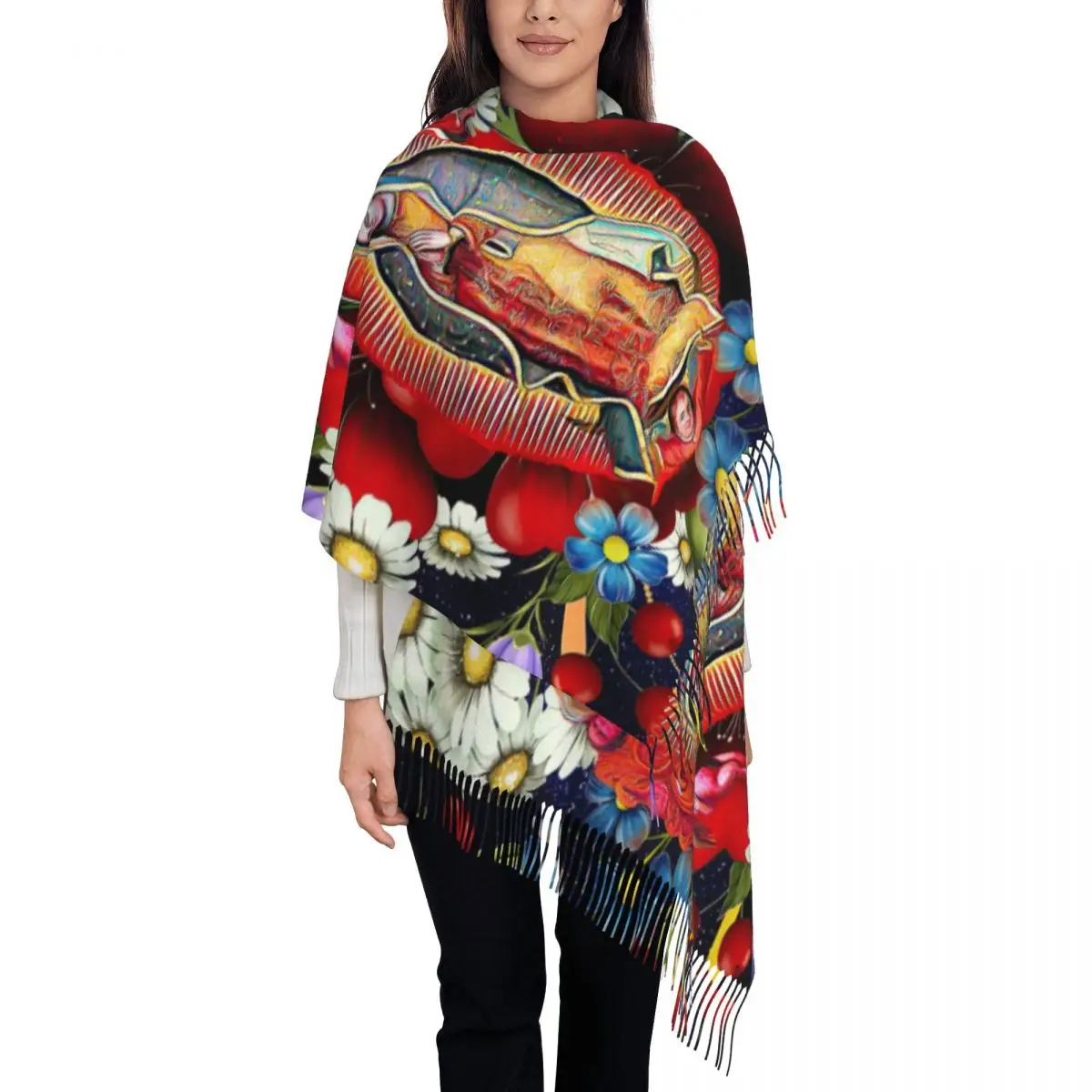 Customized Our Lady Of Guadalupe Tassel Scarf Women Soft Mexican Virgin Mary Mexico Flowers Tilma Shawls Wraps Female Scarves