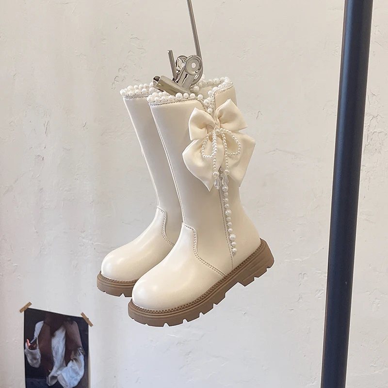 Autumn Winter Girls Pearl Mid-Calf Boots Big Bow Side Zipper Chunky Children Fashion Boots Non-slip Kids Princess Catwalk Boots