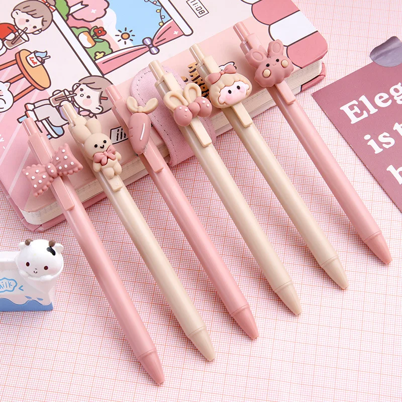 CHEN LIN-Stylo à Gel avec Dessin Animé pour Fille et Lapin, Fournitures Scolaires Noires, Kawaii, Amusant, 0.5mm, 5 Pièces