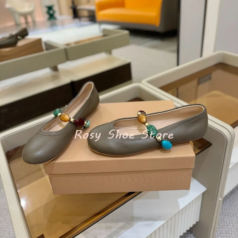 Women's Spring Autumn Leather Vintage Gem Beads Decor Fashion Flat Ballet Shoes Shallow-Cut Slip On Daily Versatile Single Shoes