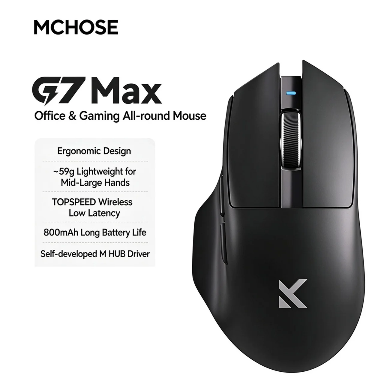 MCHOSE G7 Max Ergonomic Wireless Mouse PAW3395 26,000 DPI 59g Lightweight 800mAh Battery TTC Optical Switches 8K Wireless Ready - view 5